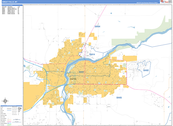 Great Falls City Wall Map Basic Style
